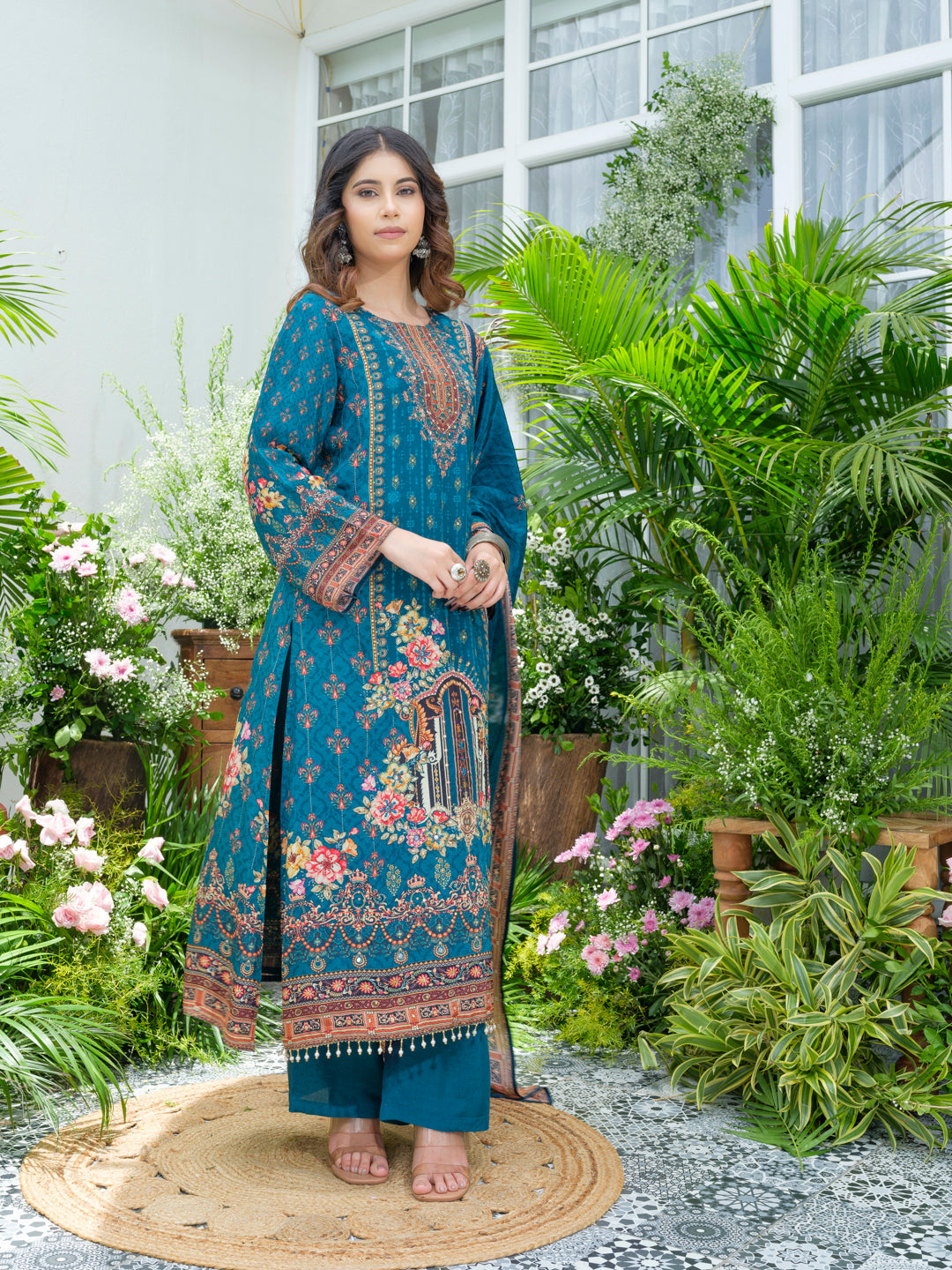 Teal Pakistani Suit with Hand & Mirror Work | 3Pc Festive Ensemble