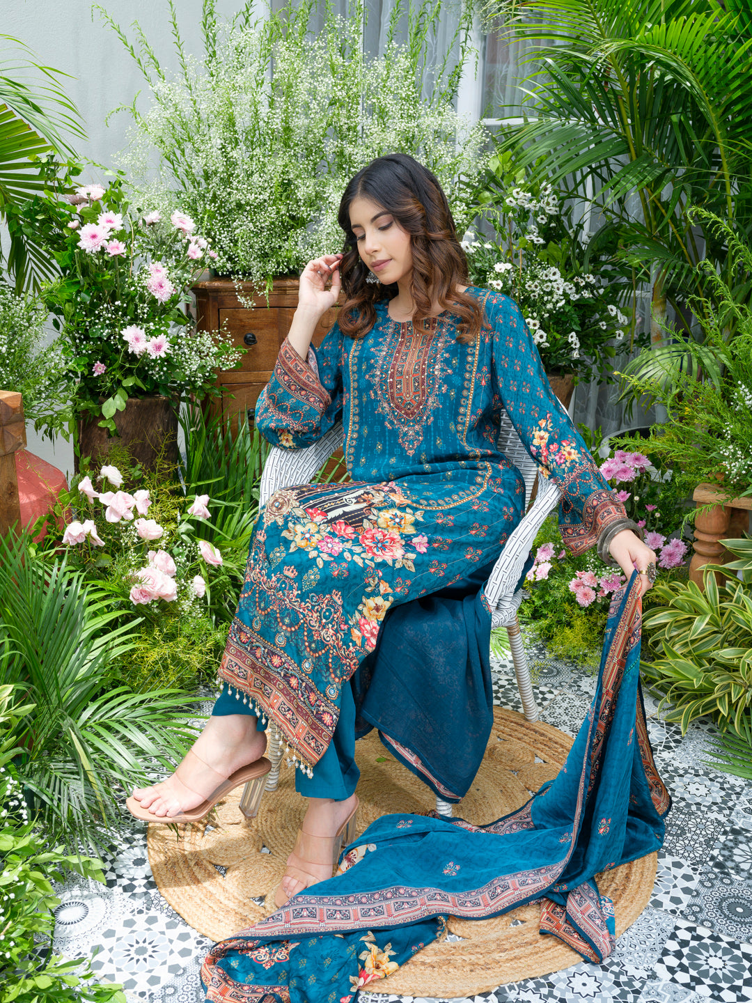 Teal Pakistani Suit with Hand & Mirror Work | 3Pc Festive Ensemble