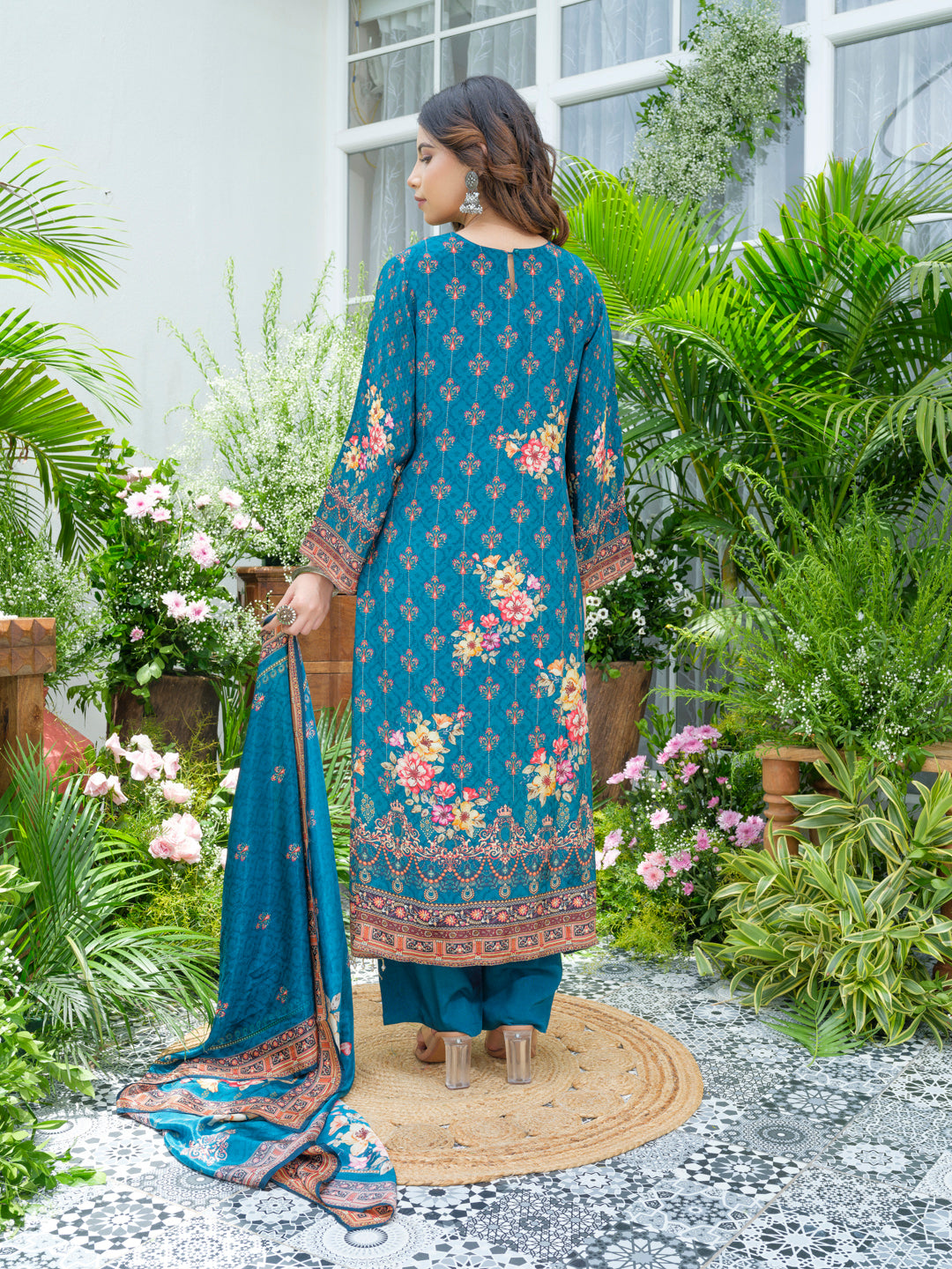 Teal Pakistani Suit with Hand & Mirror Work | 3Pc Festive Ensemble