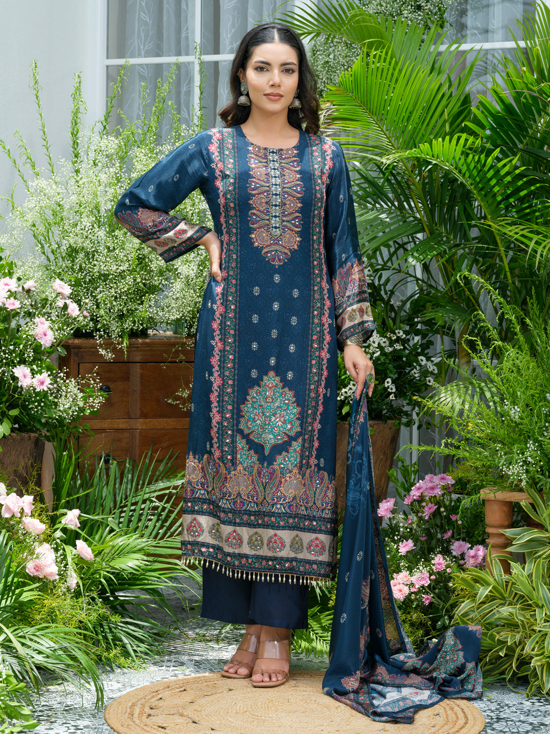Blue Pakistani Suit Hand & Mirror Work Ethnic Kurta with Trouser & Dupatta Set