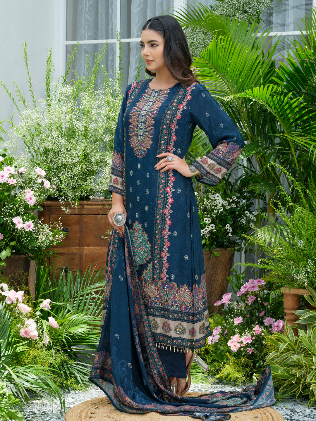 Blue Pakistani Suit Hand & Mirror Work Ethnic Kurta with Trouser & Dupatta Set