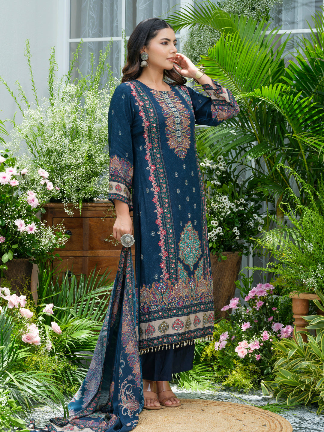 Blue Pakistani Suit Hand & Mirror Work Ethnic Kurta with Trouser & Dupatta Set