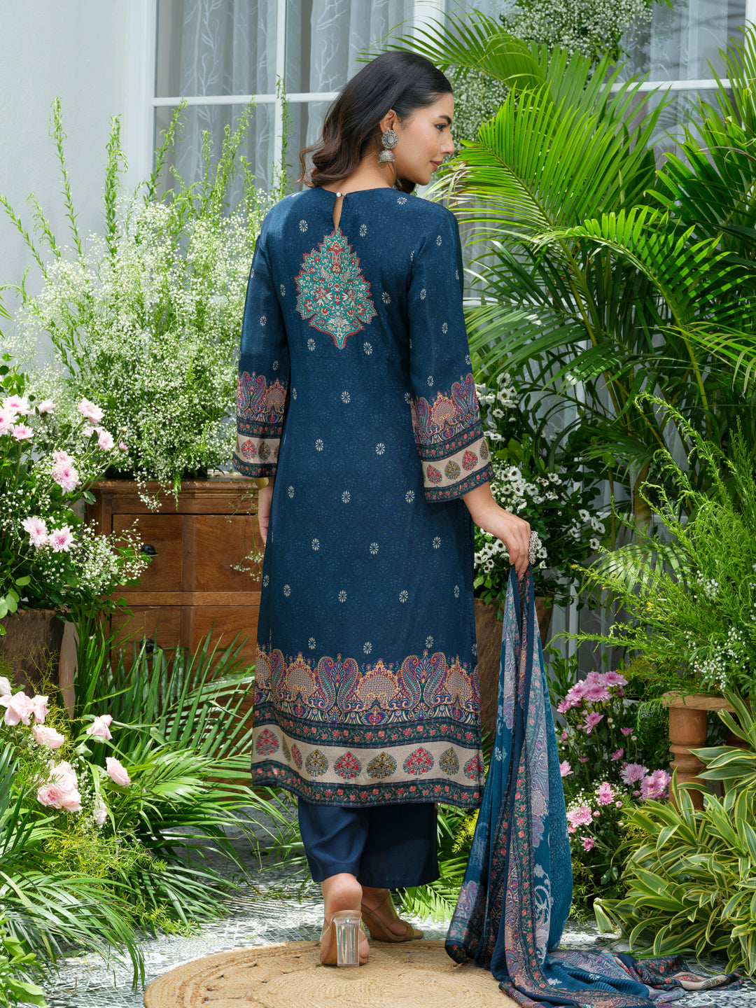 Blue Pakistani Suit Hand & Mirror Work Ethnic Kurta with Trouser & Dupatta Set