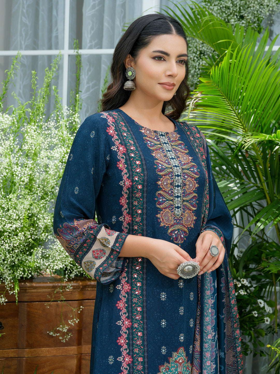 Blue Pakistani Suit Hand & Mirror Work Ethnic Kurta with Trouser & Dupatta Set