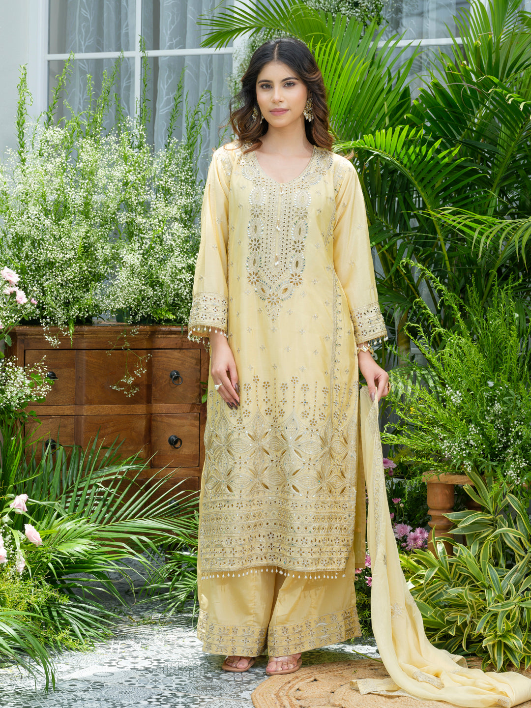 Embroidered Mirror and Cut Work Pakistani Kurta with Trouser and Dupatta Set
