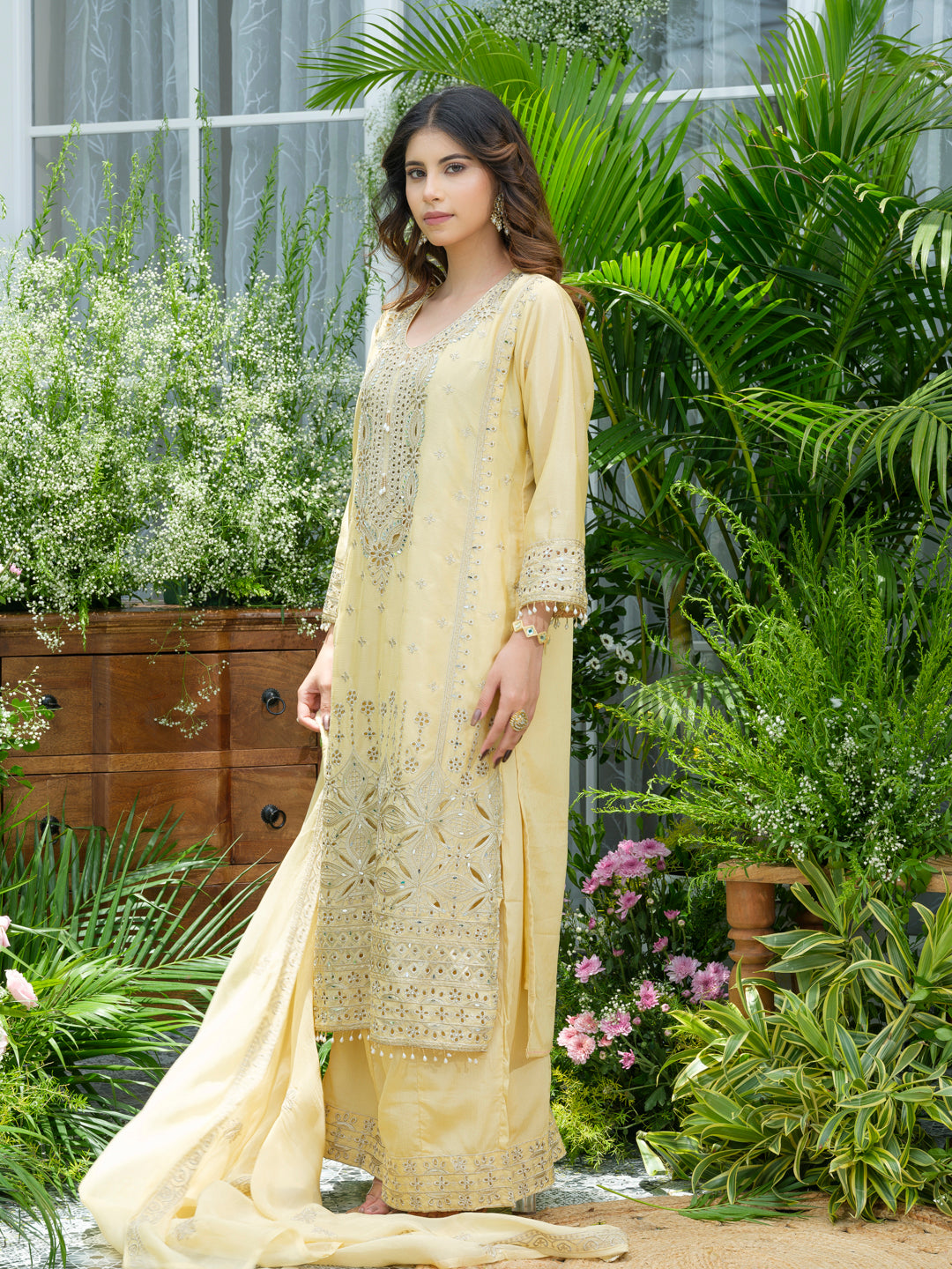 Embroidered Mirror and Cut Work Pakistani Kurta with Trouser and Dupatta Set