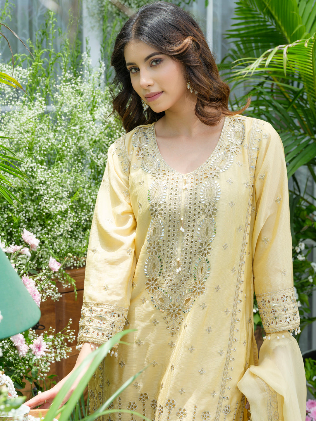 Embroidered Mirror and Cut Work Pakistani Kurta with Trouser and Dupatta Set