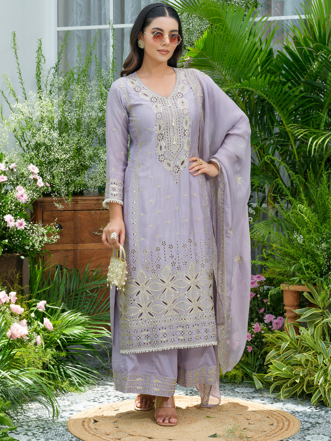 Embroidered Mirror and Cut Work Pakistani Kurta with Trouser and Dupatta Set