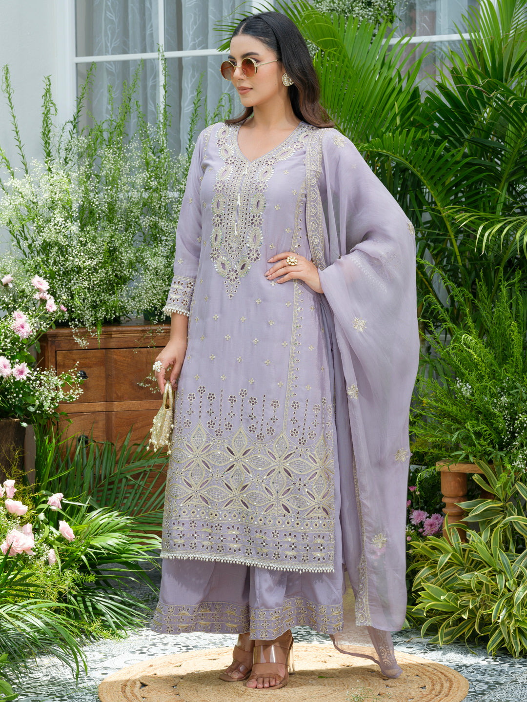 Embroidered Mirror and Cut Work Pakistani Kurta with Trouser and Dupatta Set