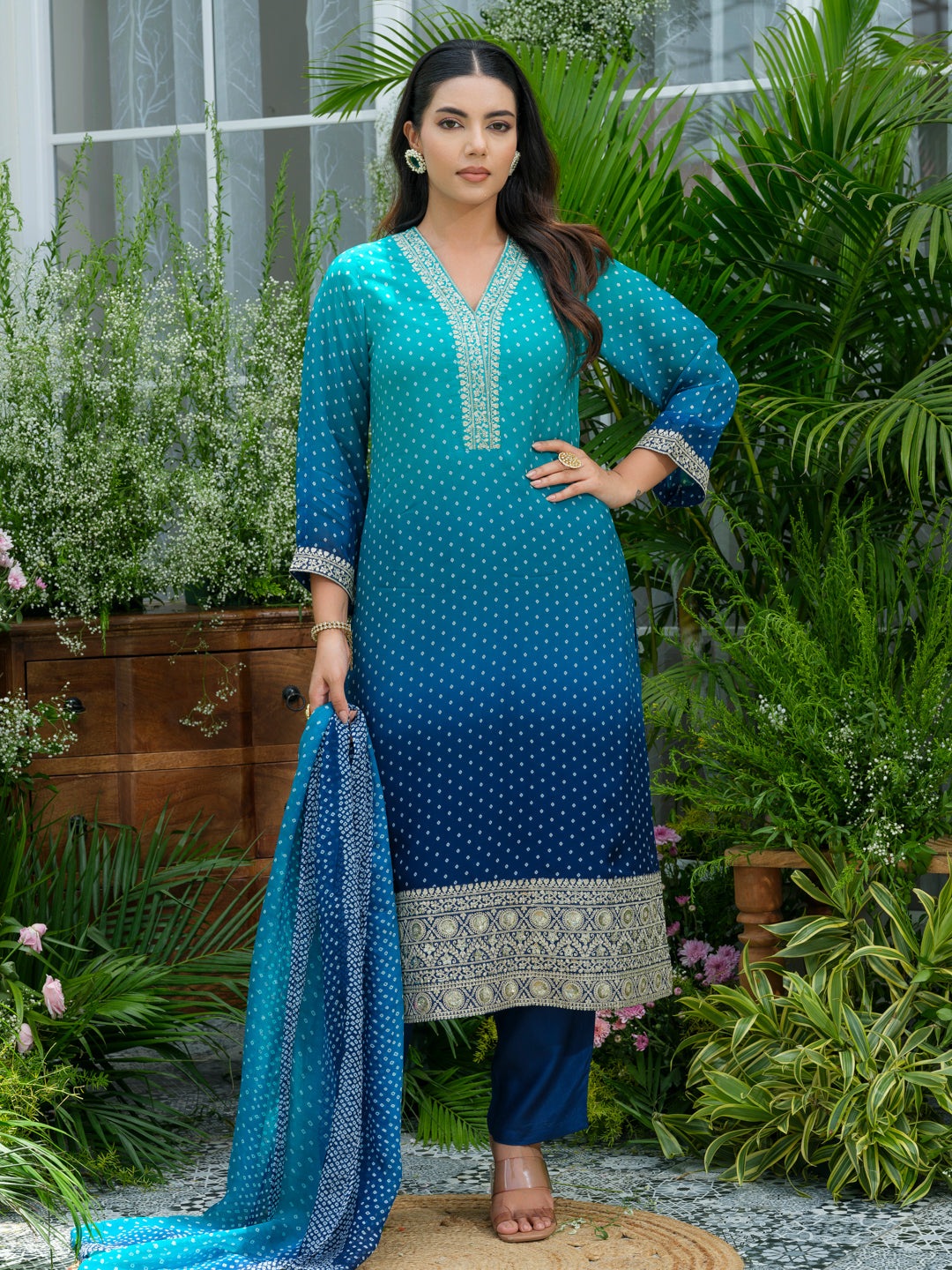Blue Ombre Embroidered Two Shaded Bandhani print Kurta with Pant and Dupatta