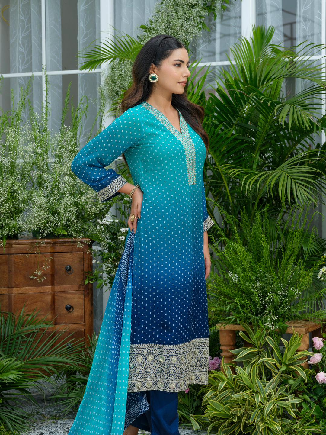Blue Ombre Embroidered Two Shaded Bandhani print Kurta with Pant and Dupatta