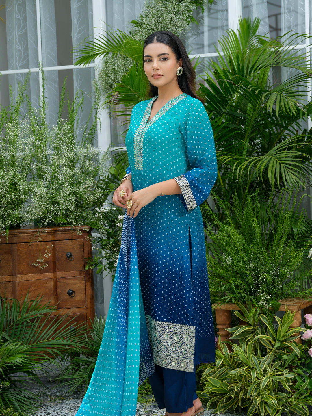 Blue Ombre Embroidered Two Shaded Bandhani print Kurta with Pant and Dupatta