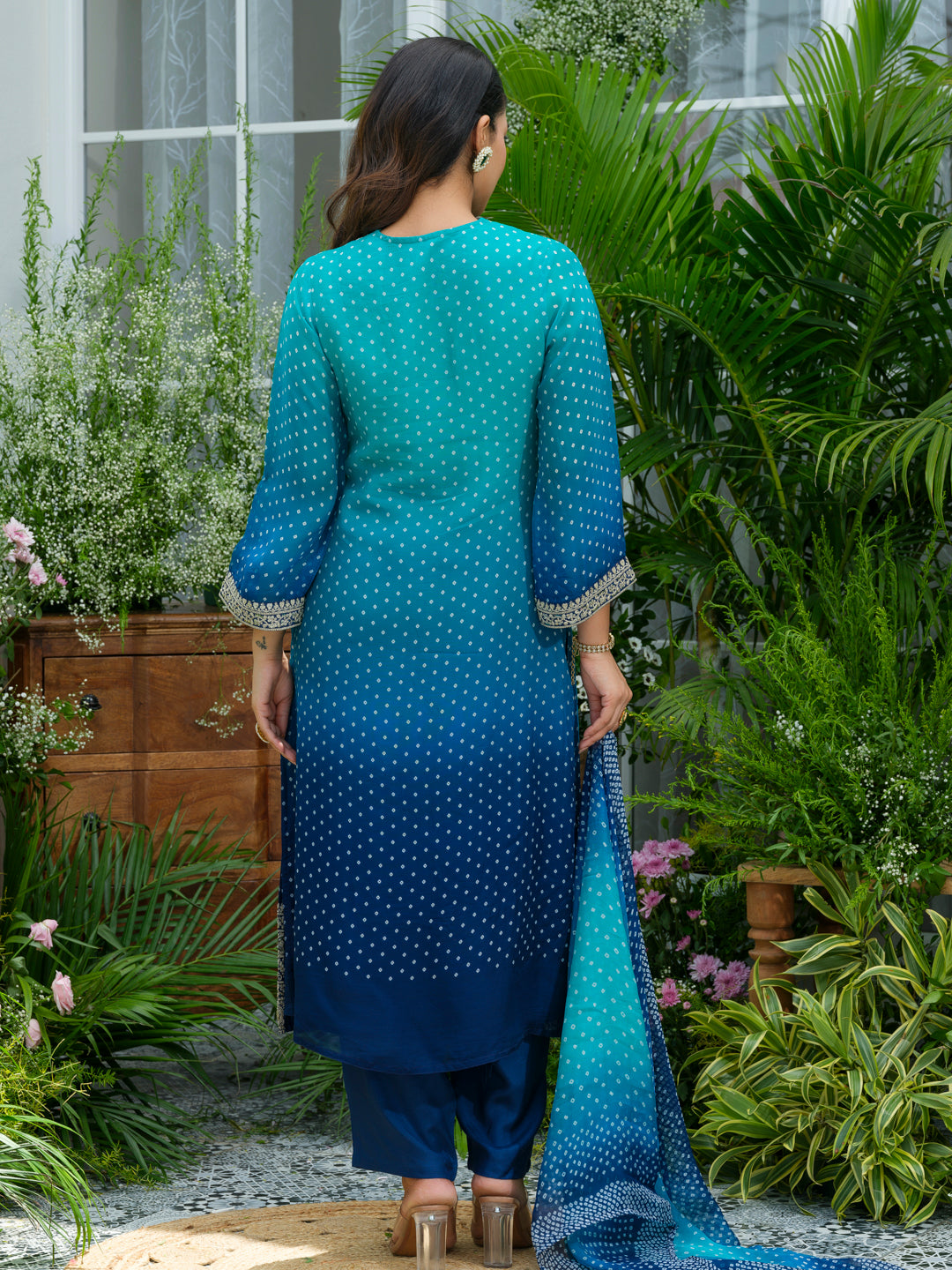 Blue Ombre Embroidered Two Shaded Bandhani print Kurta with Pant and Dupatta