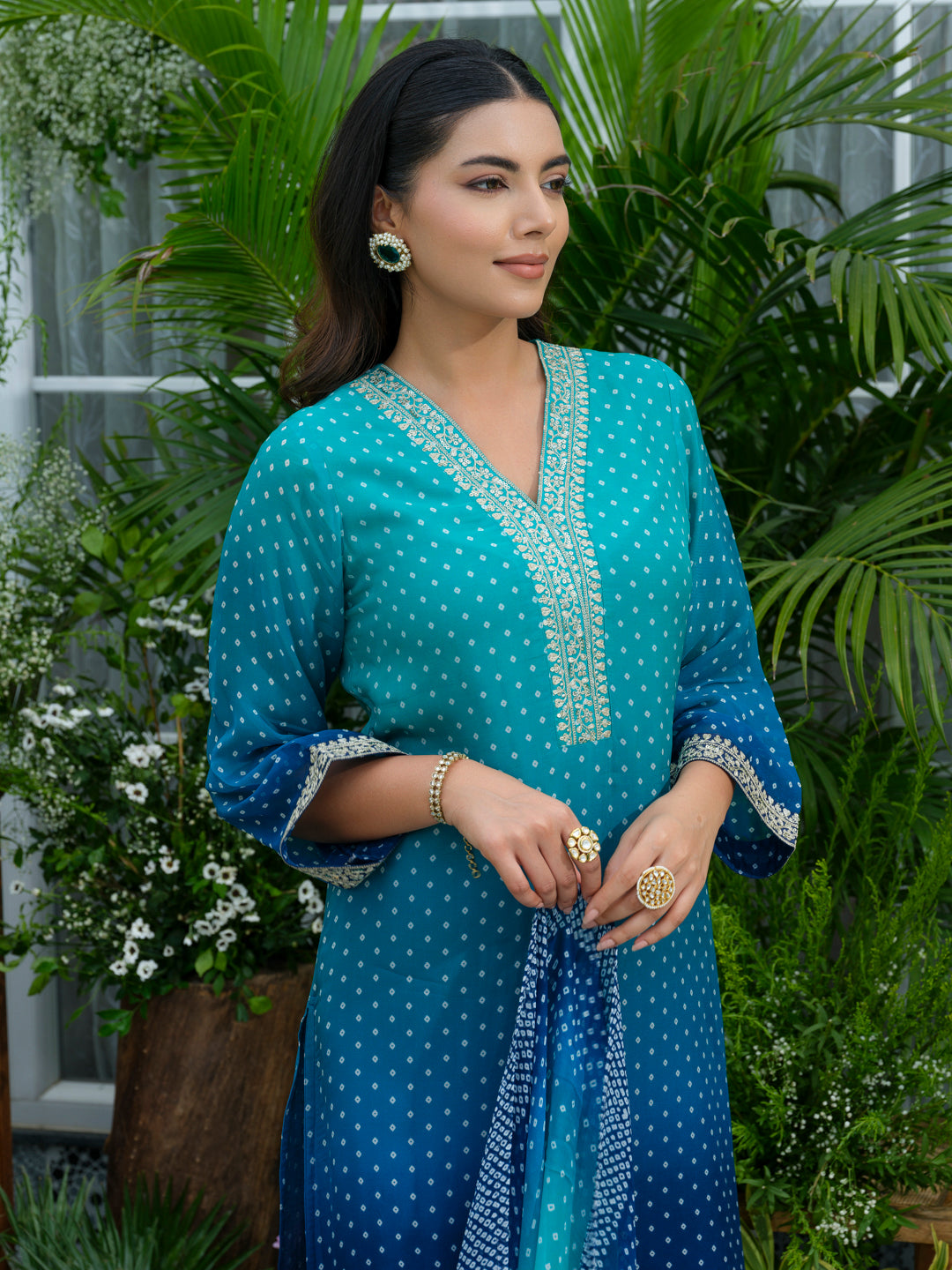 Blue Ombre Embroidered Two Shaded Bandhani print Kurta with Pant and Dupatta