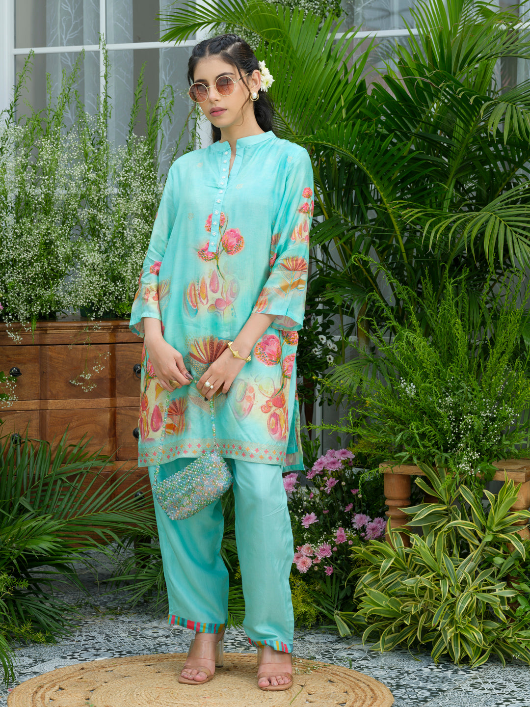 Aqua Blue Floral Printed Co-ord Set with Straight Pants
