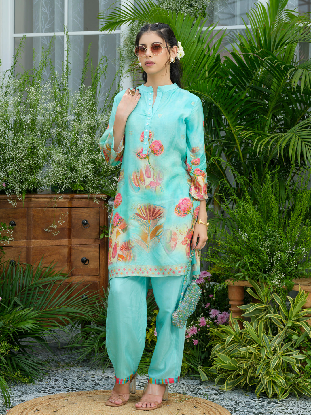 Aqua Blue Floral Printed Co-ord Set with Straight Pants