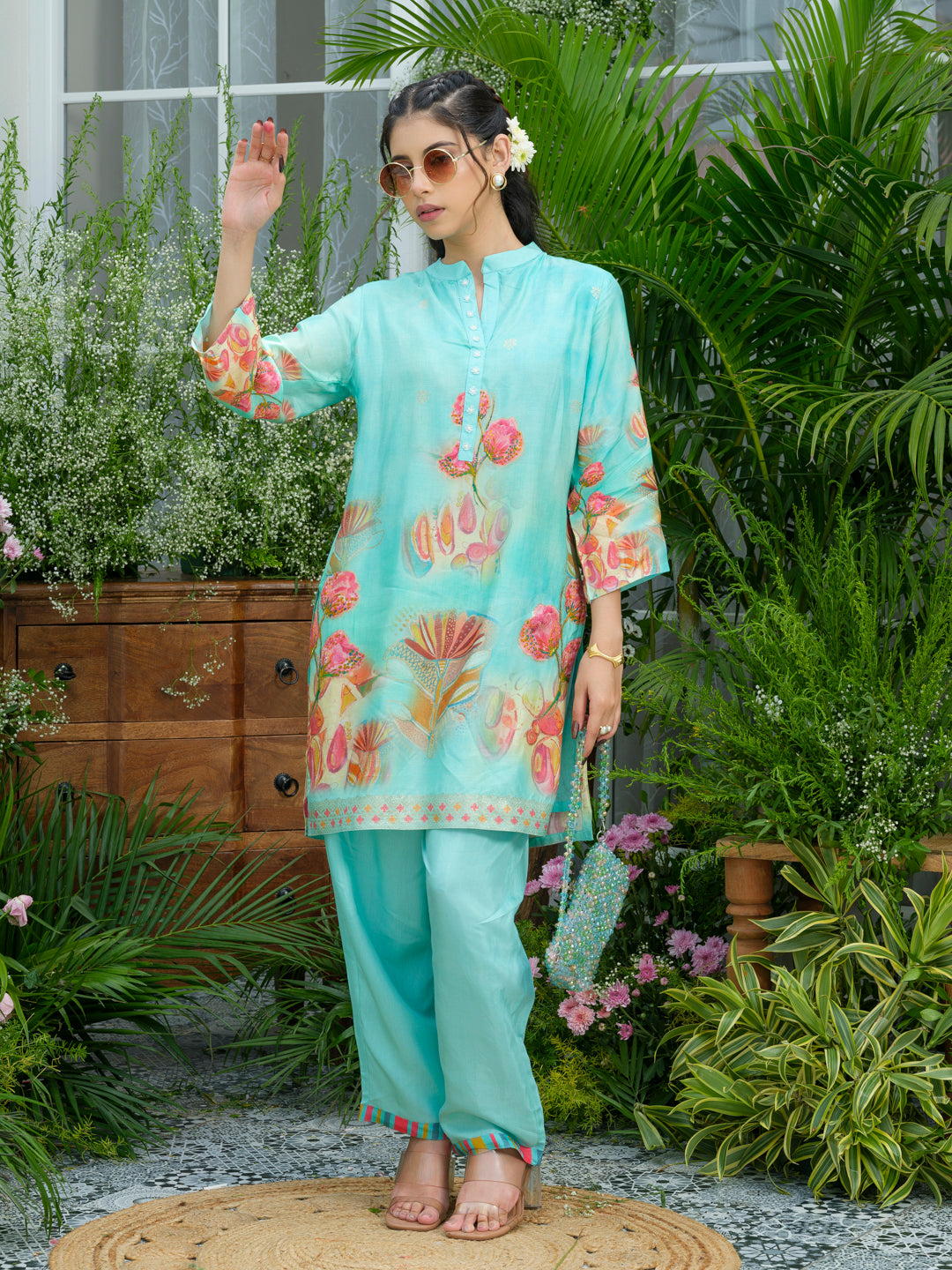 Aqua Blue Floral Printed Co-ord Set with Straight Pants