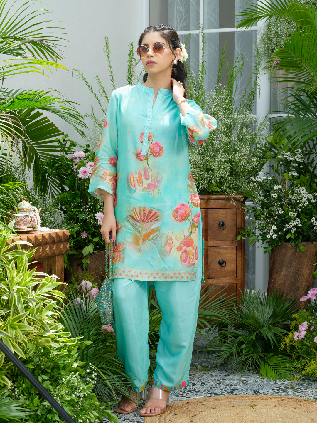 Aqua Blue Floral Printed Co-ord Set with Straight Pants