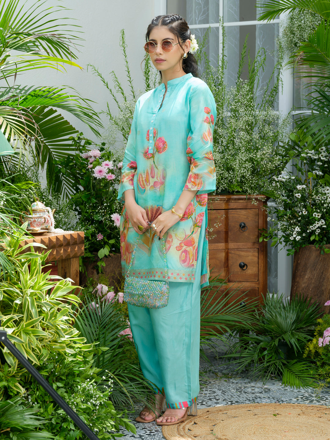 Aqua Blue Floral Printed Co-ord Set with Straight Pants