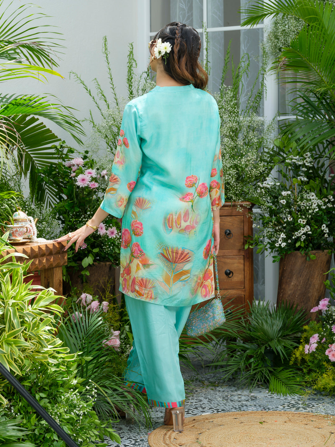 Aqua Blue Floral Printed Co-ord Set with Straight Pants