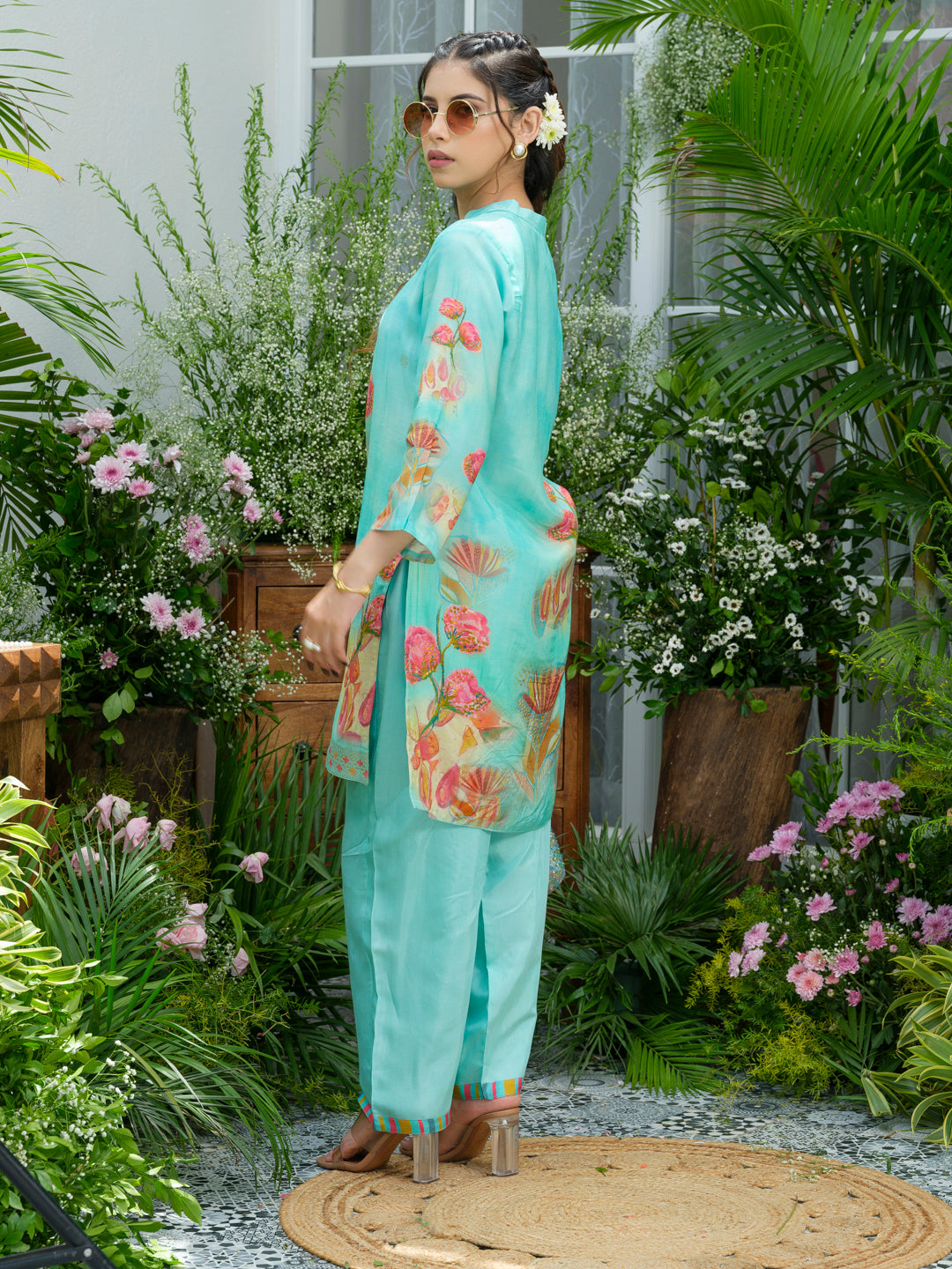 Aqua Blue Floral Printed Co-ord Set with Straight Pants