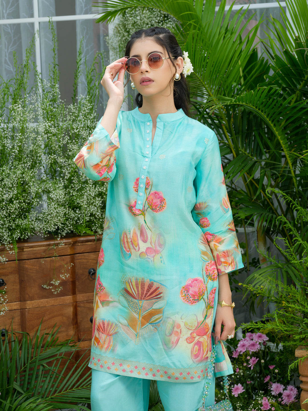 Aqua Blue Floral Printed Co-ord Set with Straight Pants