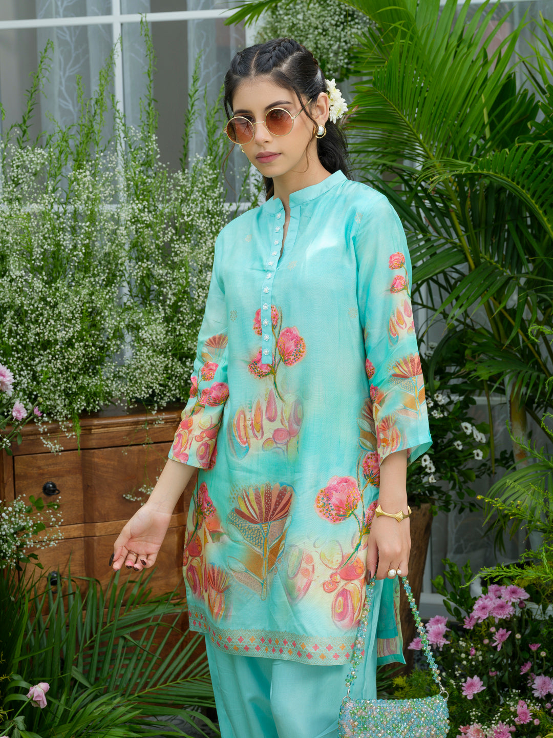 Aqua Blue Floral Printed Co-ord Set with Straight Pants