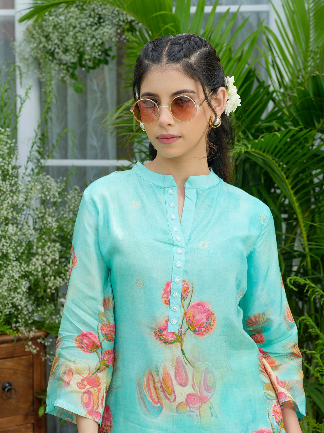 Aqua Blue Floral Printed Co-ord Set with Straight Pants