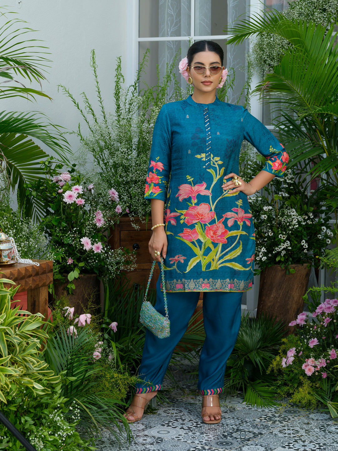 Teal Printed Co-Ord Set in Natural Crepe