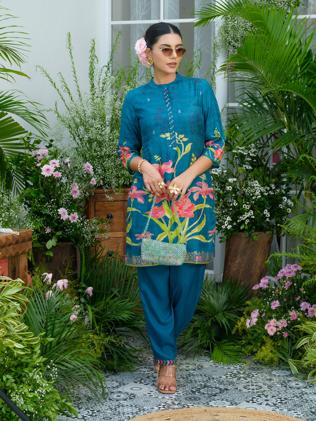 Teal Printed Co-Ord Set in Natural Crepe