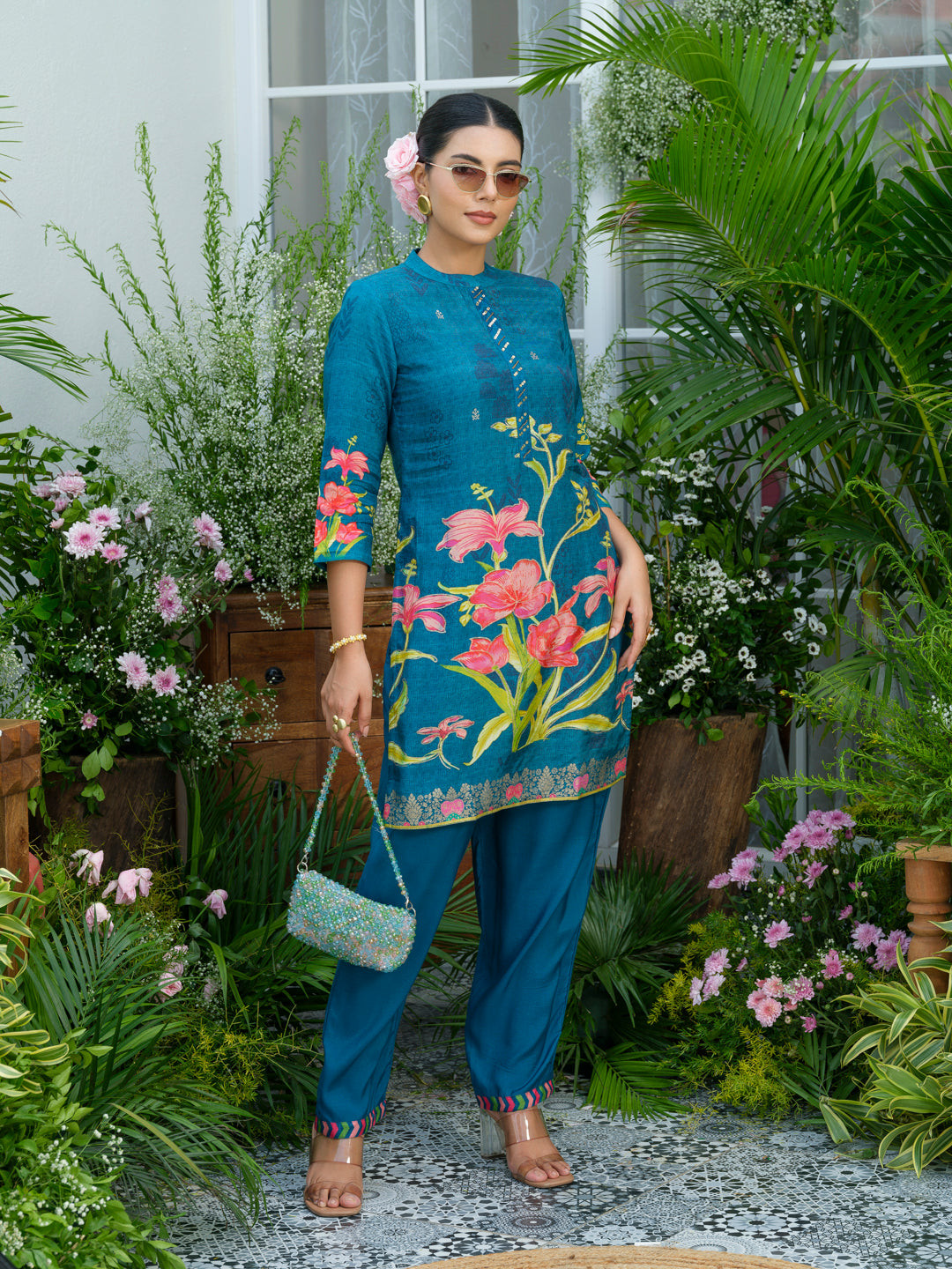 Teal Printed Co-Ord Set in Natural Crepe