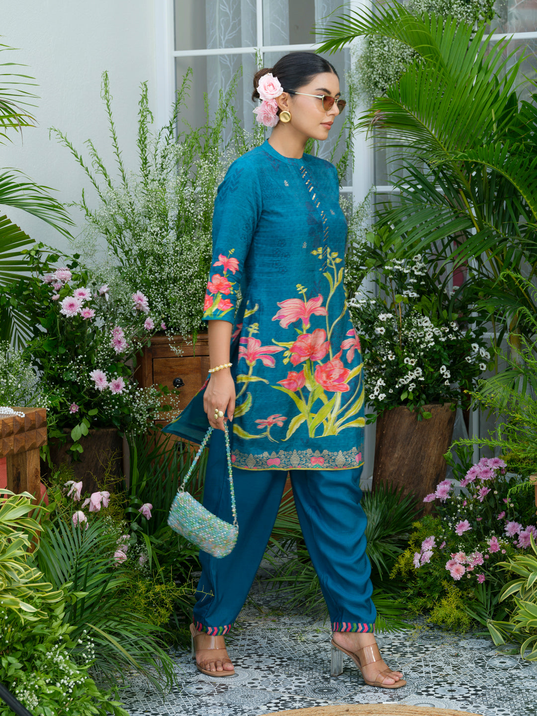 Teal Printed Co-Ord Set in Natural Crepe