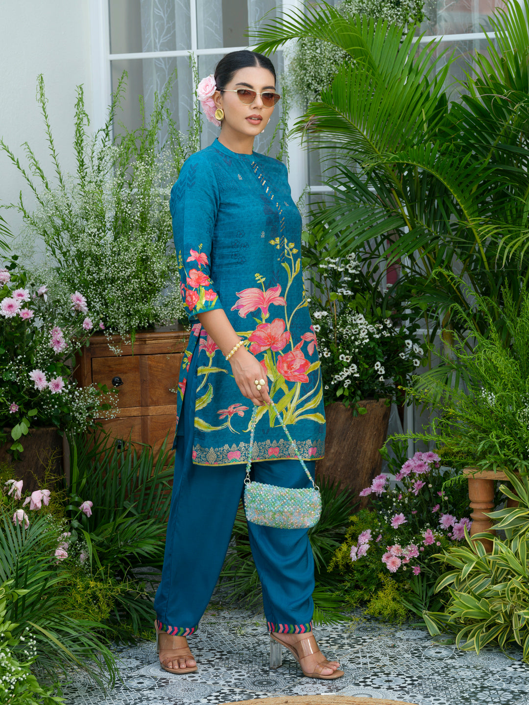 Teal Printed Co-Ord Set in Natural Crepe