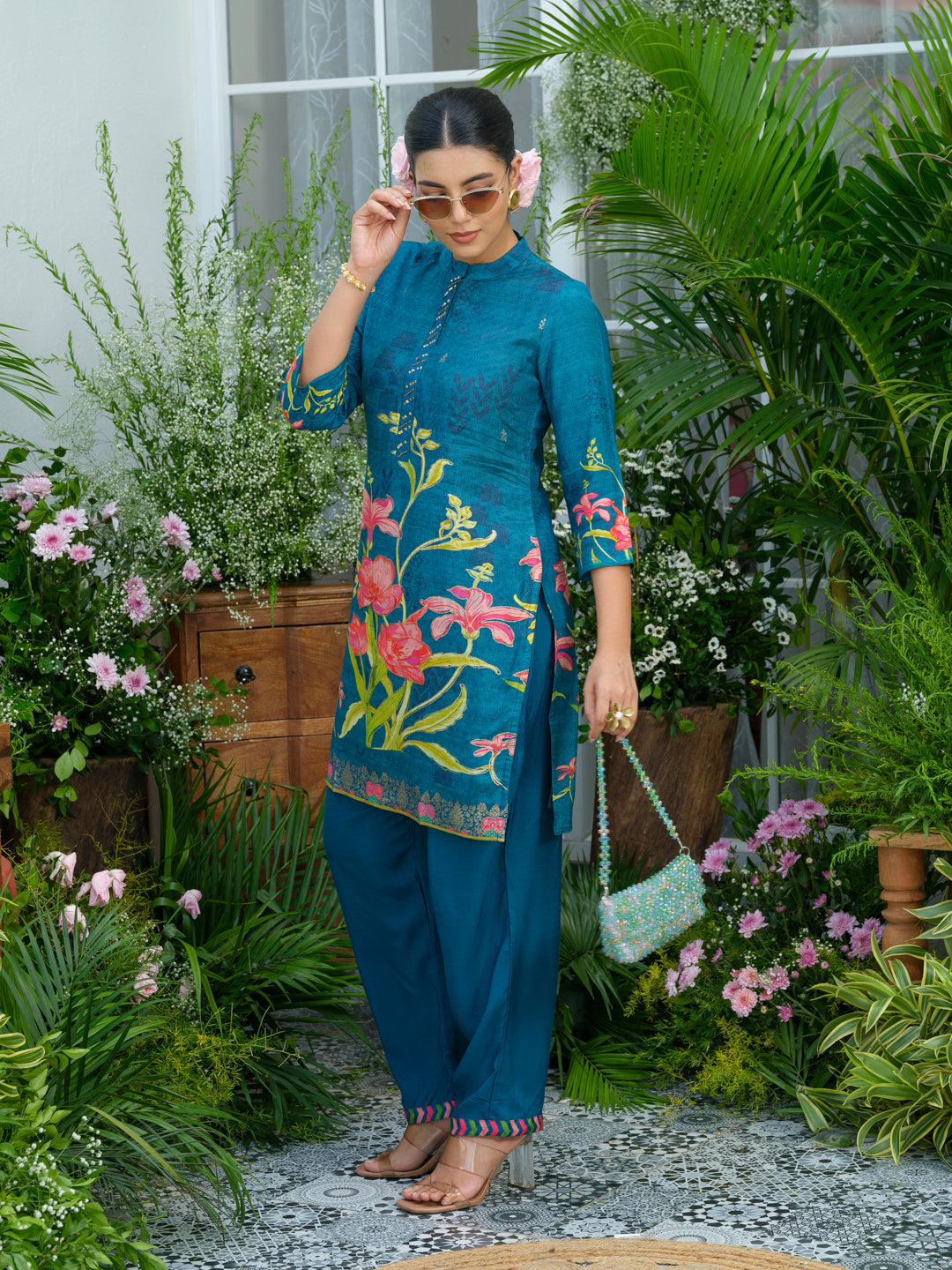 Teal Printed Co-Ord Set in Natural Crepe