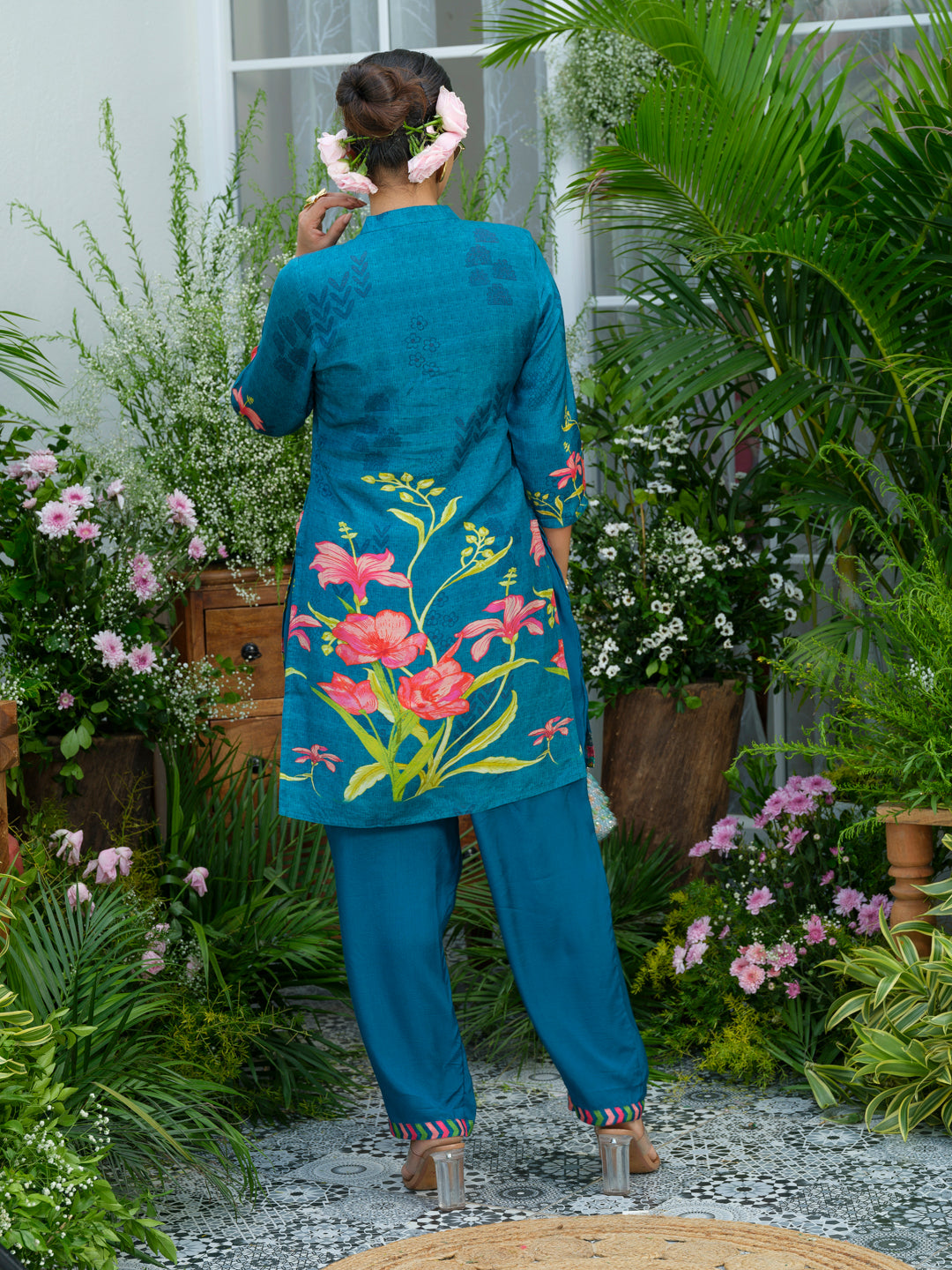 Teal Printed Co-Ord Set in Natural Crepe