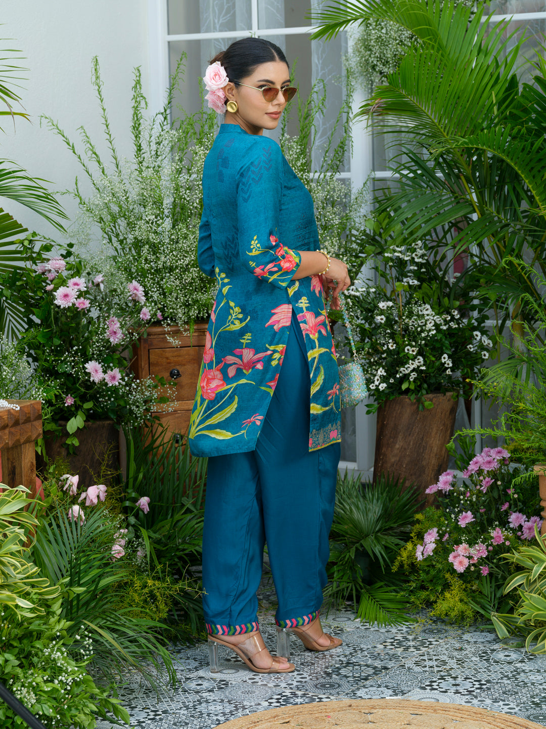 Teal Printed Co-Ord Set in Natural Crepe