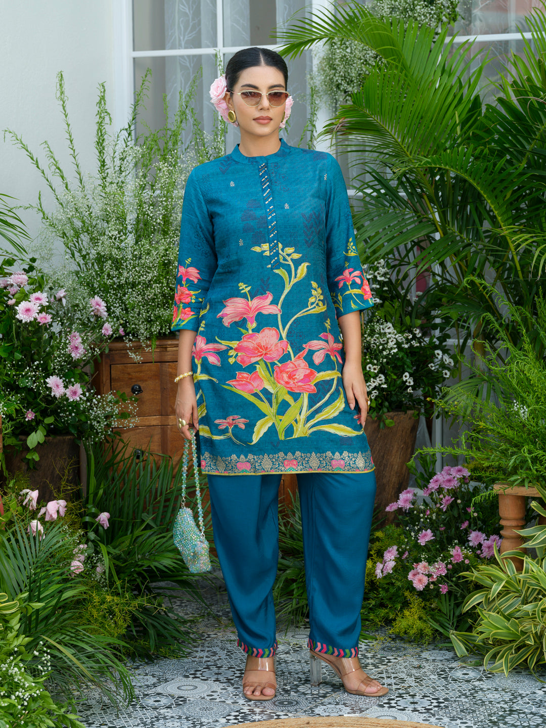 Teal Printed Co-Ord Set in Natural Crepe