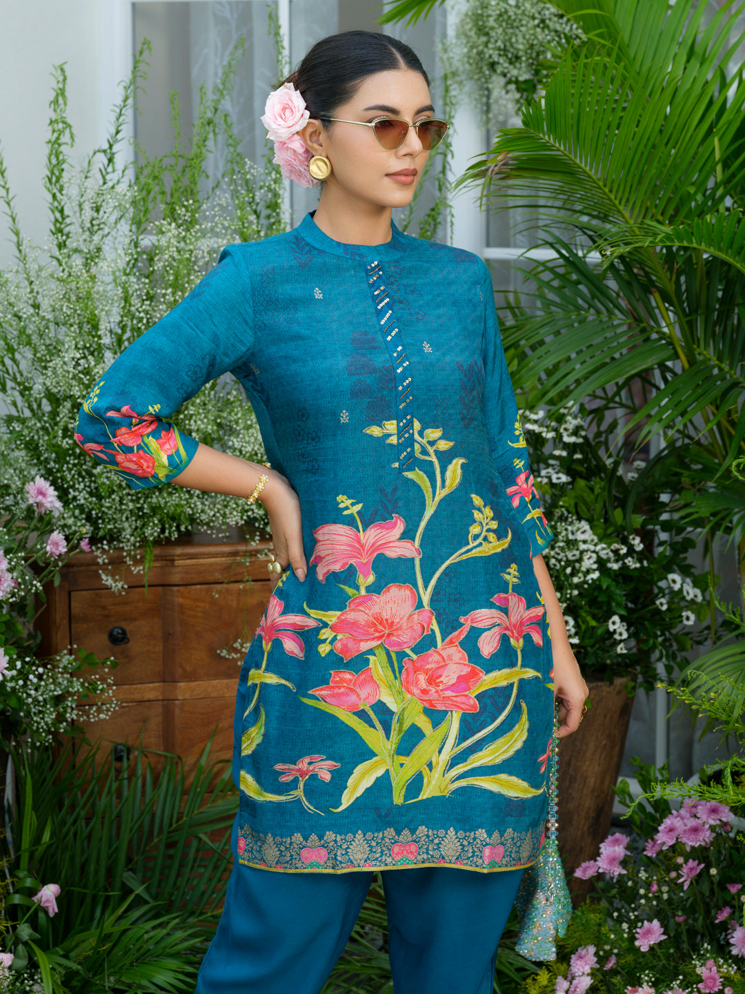 Teal Printed Co-Ord Set in Natural Crepe