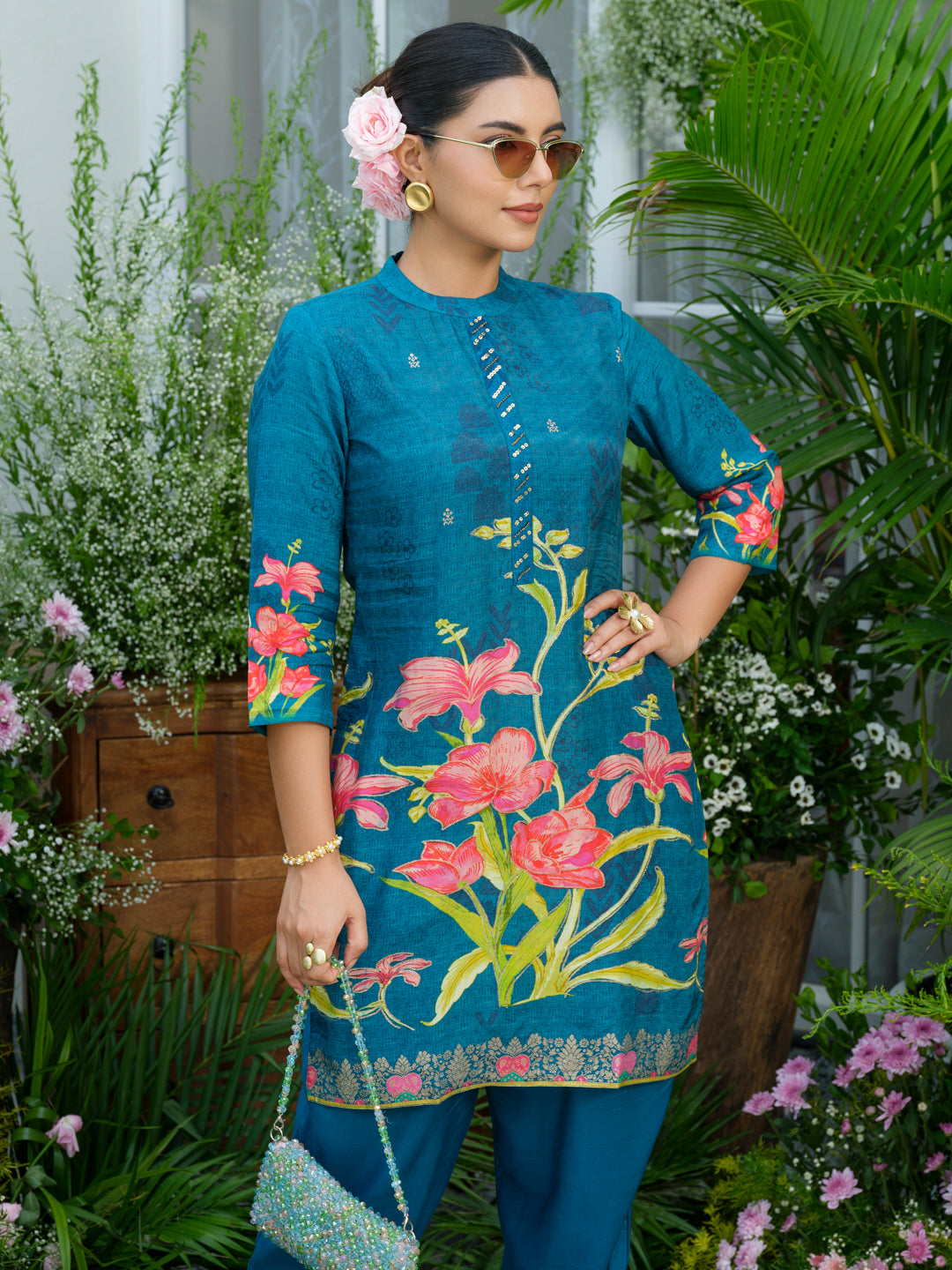 Teal Printed Co-Ord Set in Natural Crepe