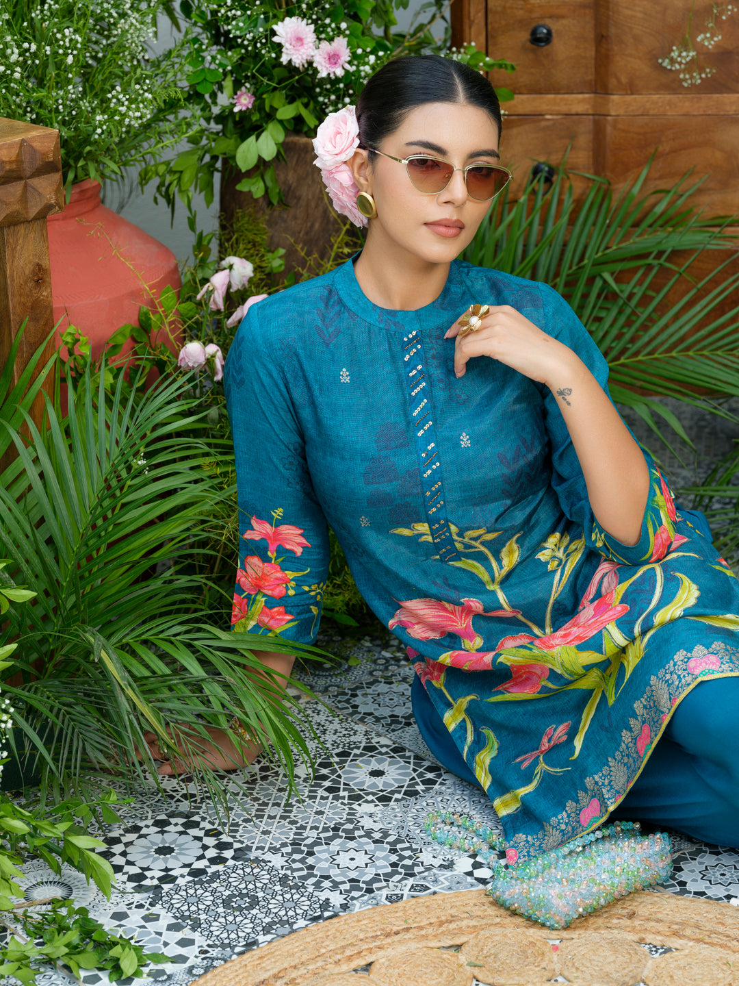 Teal Printed Co-Ord Set in Natural Crepe