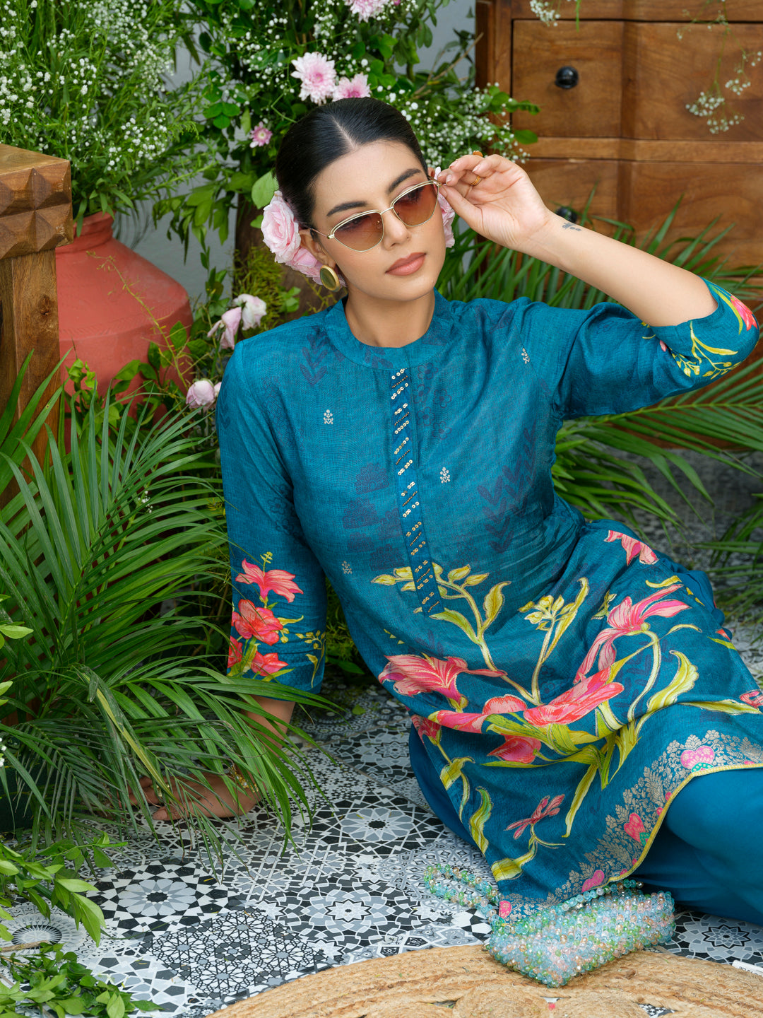 Teal Printed Co-Ord Set in Natural Crepe