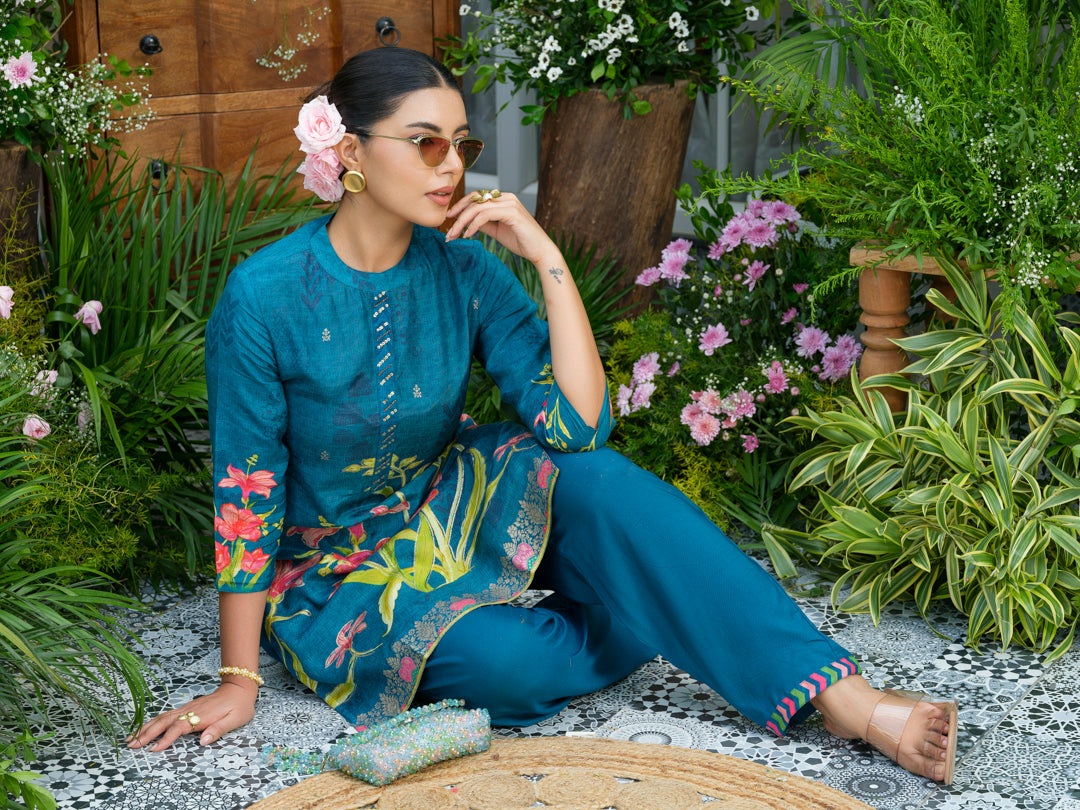 Teal Printed Co-Ord Set in Natural Crepe