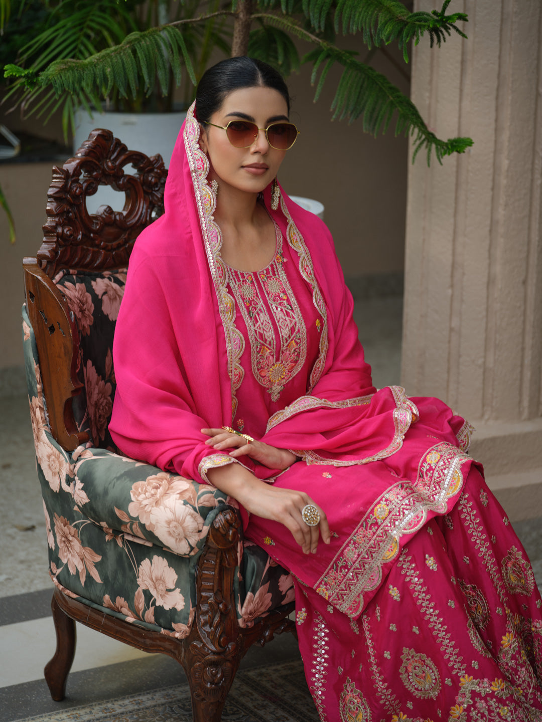 Embroidered Sequinned Work Straight Kurta & Sharara With Dupatta
