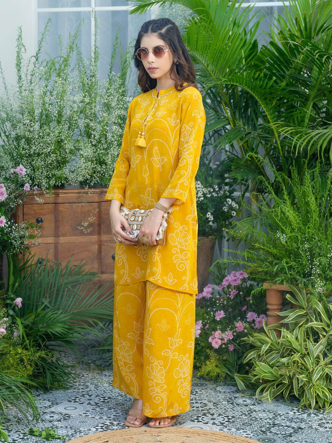 Sunlit Charm – Mustard Yellow Printed Co-Ord Set in Natural Crepe