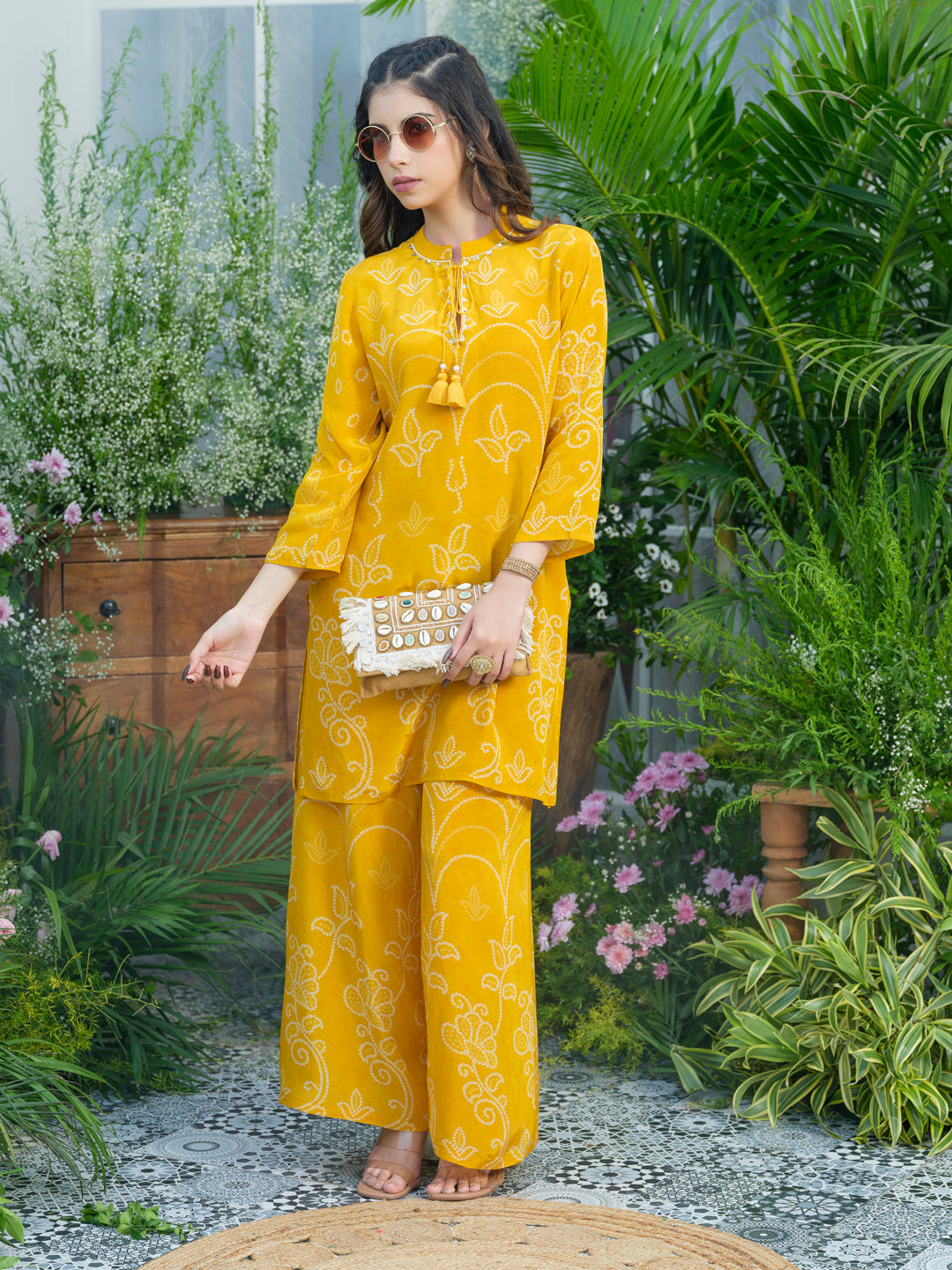 Sunlit Charm – Mustard Yellow Printed Co-Ord Set in Natural Crepe