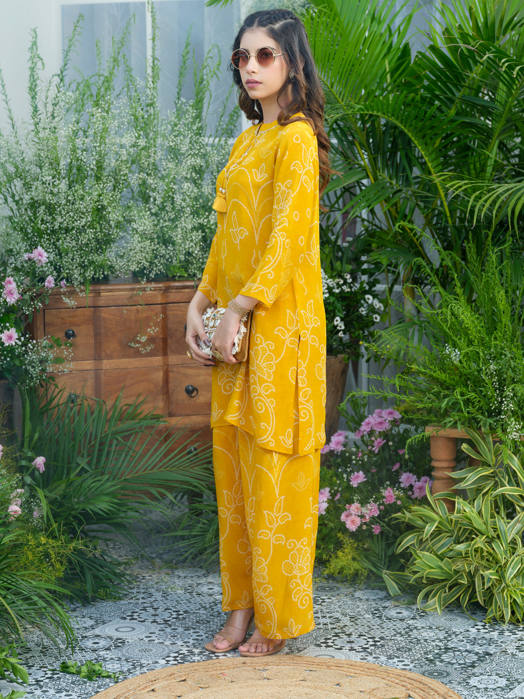 Sunlit Charm – Mustard Yellow Printed Co-Ord Set in Natural Crepe