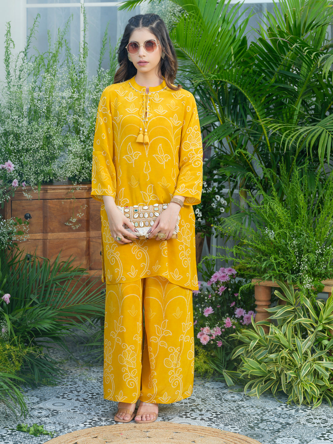 Sunlit Charm – Mustard Yellow Printed Co-Ord Set in Natural Crepe