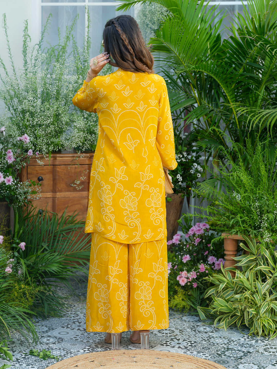 Sunlit Charm – Mustard Yellow Printed Co-Ord Set in Natural Crepe