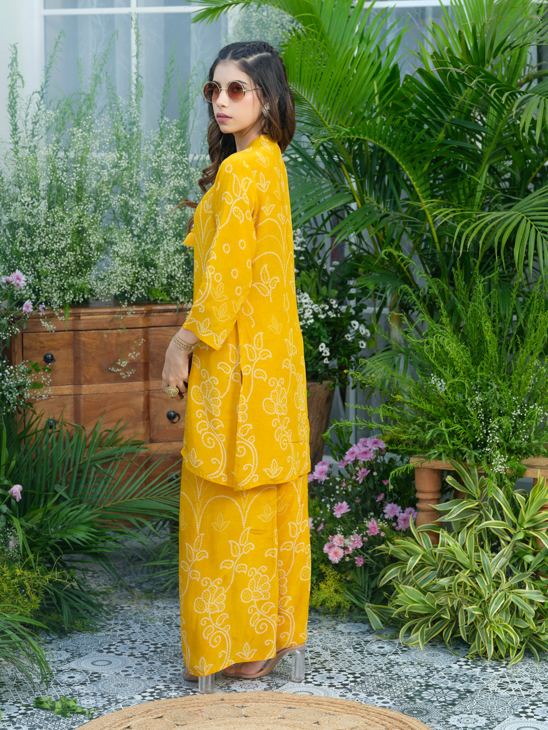 Sunlit Charm – Mustard Yellow Printed Co-Ord Set in Natural Crepe