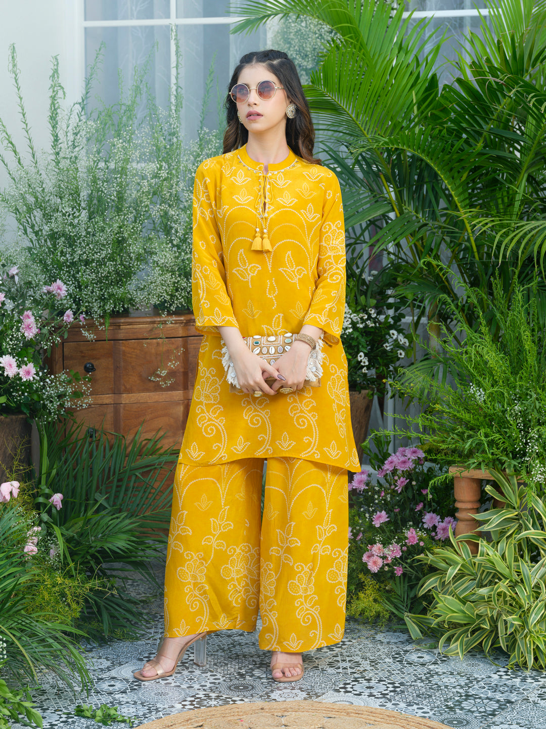 Sunlit Charm – Mustard Yellow Printed Co-Ord Set in Natural Crepe